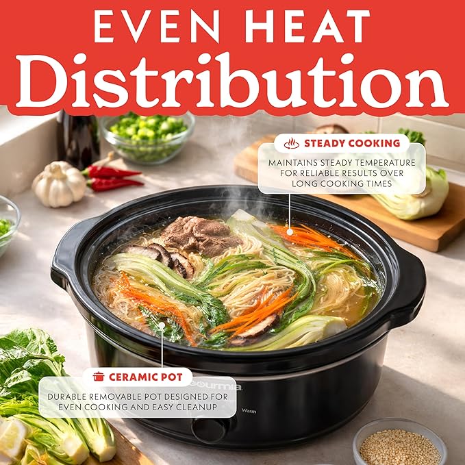 Gourmia Slow Cooker - 6 Quart Removable Ceramic Pot, Manual Controls with 3 Temperature Settings, Dishwasher Safe Crock and Glass Lid, Black