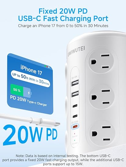 10FT Tower Power Strip with Dedicated 20W PD USB-C Port 12 Widely‑Spaced AC Outlets & 5 USB Ports, Flat Plug, Extension Cord, Desk Charging Station for Home, Office & Dorm, White
