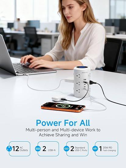 10FT Tower Power Strip with Dedicated 20W PD USB-C Port 12 Widely‑Spaced AC Outlets & 5 USB Ports, Flat Plug, Extension Cord, Desk Charging Station for Home, Office & Dorm, White