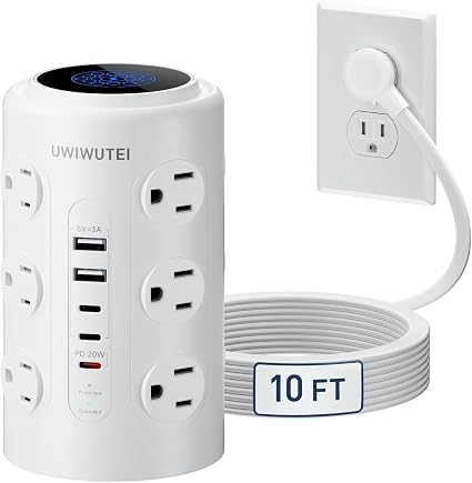 10FT Tower Power Strip with Dedicated 20W PD USB-C Port 12 Widely‑Spaced AC Outlets & 5 USB Ports, Flat Plug, Extension Cord, Desk Charging Station for Home, Office & Dorm, White