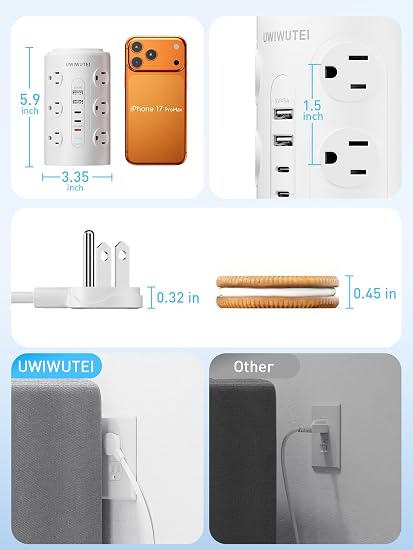 10FT Tower Power Strip with Dedicated 20W PD USB-C Port 12 Widely‑Spaced AC Outlets & 5 USB Ports, Flat Plug, Extension Cord, Desk Charging Station for Home, Office & Dorm, White