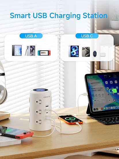 10FT Tower Power Strip with Dedicated 20W PD USB-C Port 12 Widely‑Spaced AC Outlets & 5 USB Ports, Flat Plug, Extension Cord, Desk Charging Station for Home, Office & Dorm, White