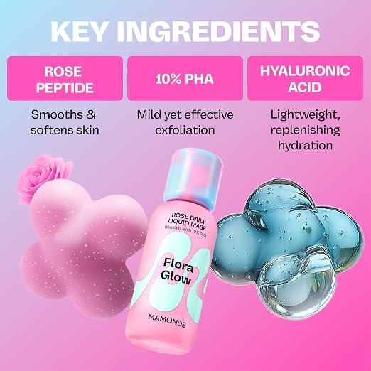 MAMONDE Flora Glow Rose Daily Liquid Face Mask | 2-in-1 Toner & Exfoliator | Korean Leave-On Mask with Hyaluronic Acid, Peptides & 10% PHA For Glass Skin | Korean Skin Care | Makeup Prep