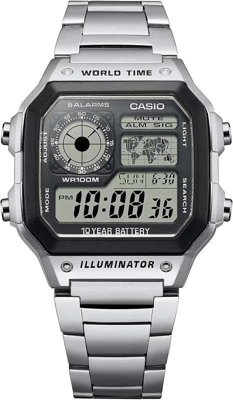 Casio AE1200WH Series | Men’s Digital Watch | 100M WR | Multi Alarms | 100 SEC Stopwatch | Countdown Timer | World Map for World Time | LED Light | LC Analog Display | 10 Year Battery