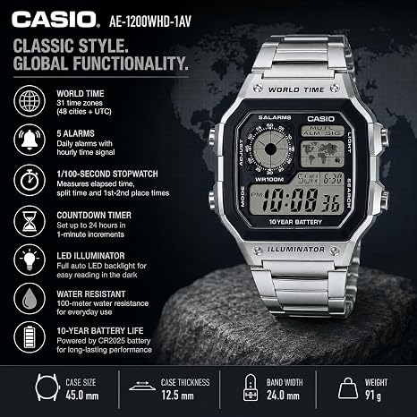 Casio AE1200WH Series | Men’s Digital Watch | 100M WR | Multi Alarms | 100 SEC Stopwatch | Countdown Timer | World Map for World Time | LED Light | LC Analog Display | 10 Year Battery