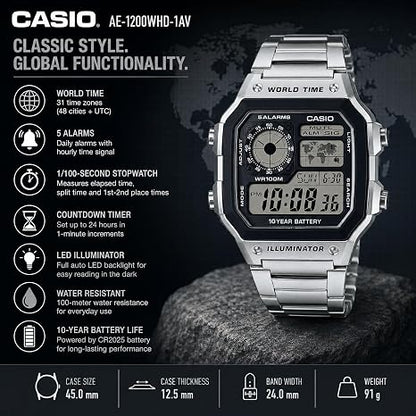 Casio AE1200WH Series | Men’s Digital Watch | 100M WR | Multi Alarms | 100 SEC Stopwatch | Countdown Timer | World Map for World Time | LED Light | LC Analog Display | 10 Year Battery