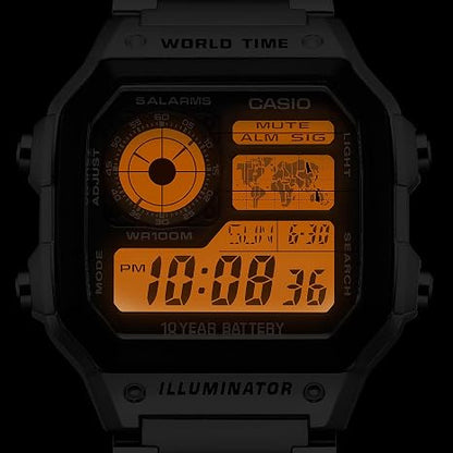 Casio AE1200WH Series | Men’s Digital Watch | 100M WR | Multi Alarms | 100 SEC Stopwatch | Countdown Timer | World Map for World Time | LED Light | LC Analog Display | 10 Year Battery