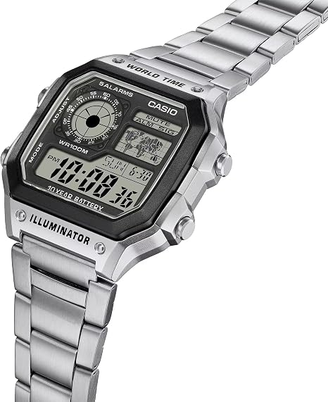 Casio AE1200WH Series | Men’s Digital Watch | 100M WR | Multi Alarms | 100 SEC Stopwatch | Countdown Timer | World Map for World Time | LED Light | LC Analog Display | 10 Year Battery