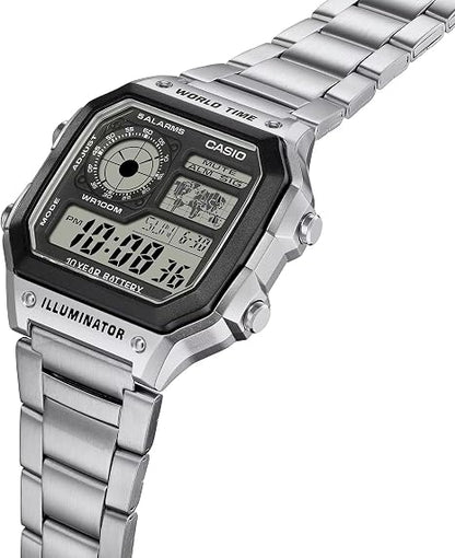 Casio AE1200WH Series | Men’s Digital Watch | 100M WR | Multi Alarms | 100 SEC Stopwatch | Countdown Timer | World Map for World Time | LED Light | LC Analog Display | 10 Year Battery