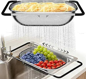 Over the Sink Colander - Strainers and Colanders - Sink Strainer Basket - Expandable Fine Mesh Strainer with Rubber Grip for Veggie, Fruits, Pasta, Home Kitchen Essentials (9.5W x 13.4-21.3L x 3.3H)