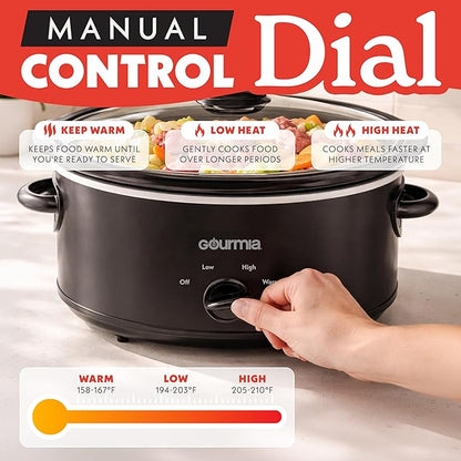 Gourmia Slow Cooker - 6 Quart Removable Ceramic Pot, Manual Controls with 3 Temperature Settings, Dishwasher Safe Crock and Glass Lid, Black