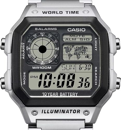 Casio AE1200WH Series | Men’s Digital Watch | 100M WR | Multi Alarms | 100 SEC Stopwatch | Countdown Timer | World Map for World Time | LED Light | LC Analog Display | 10 Year Battery