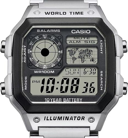 Casio AE1200WH Series | Men’s Digital Watch | 100M WR | Multi Alarms | 100 SEC Stopwatch | Countdown Timer | World Map for World Time | LED Light | LC Analog Display | 10 Year Battery